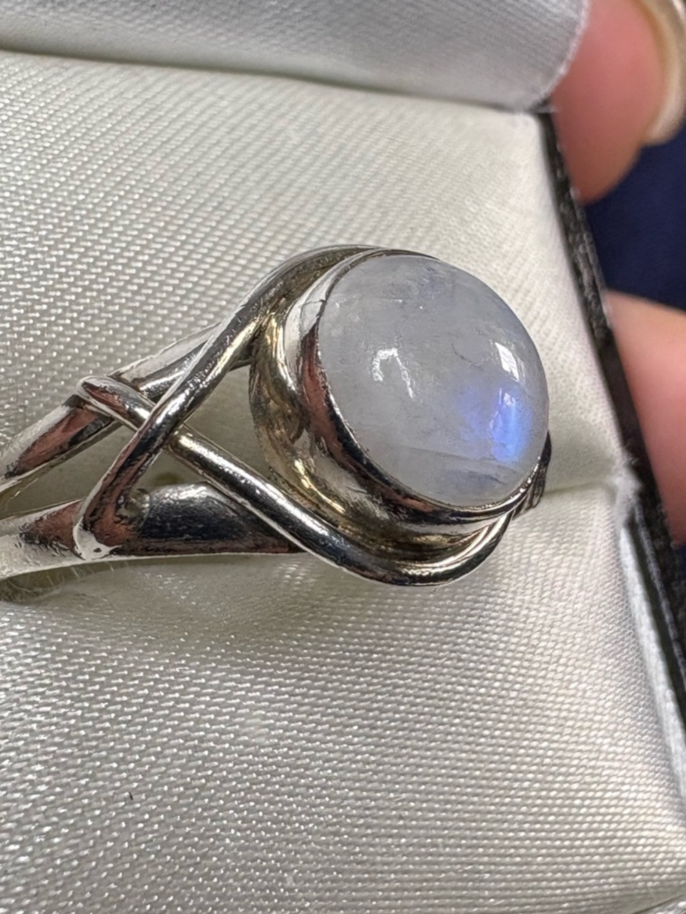 Ring Sterling Silver Moonstone Cabochon Criss-Cross Setting Dainty Feminine